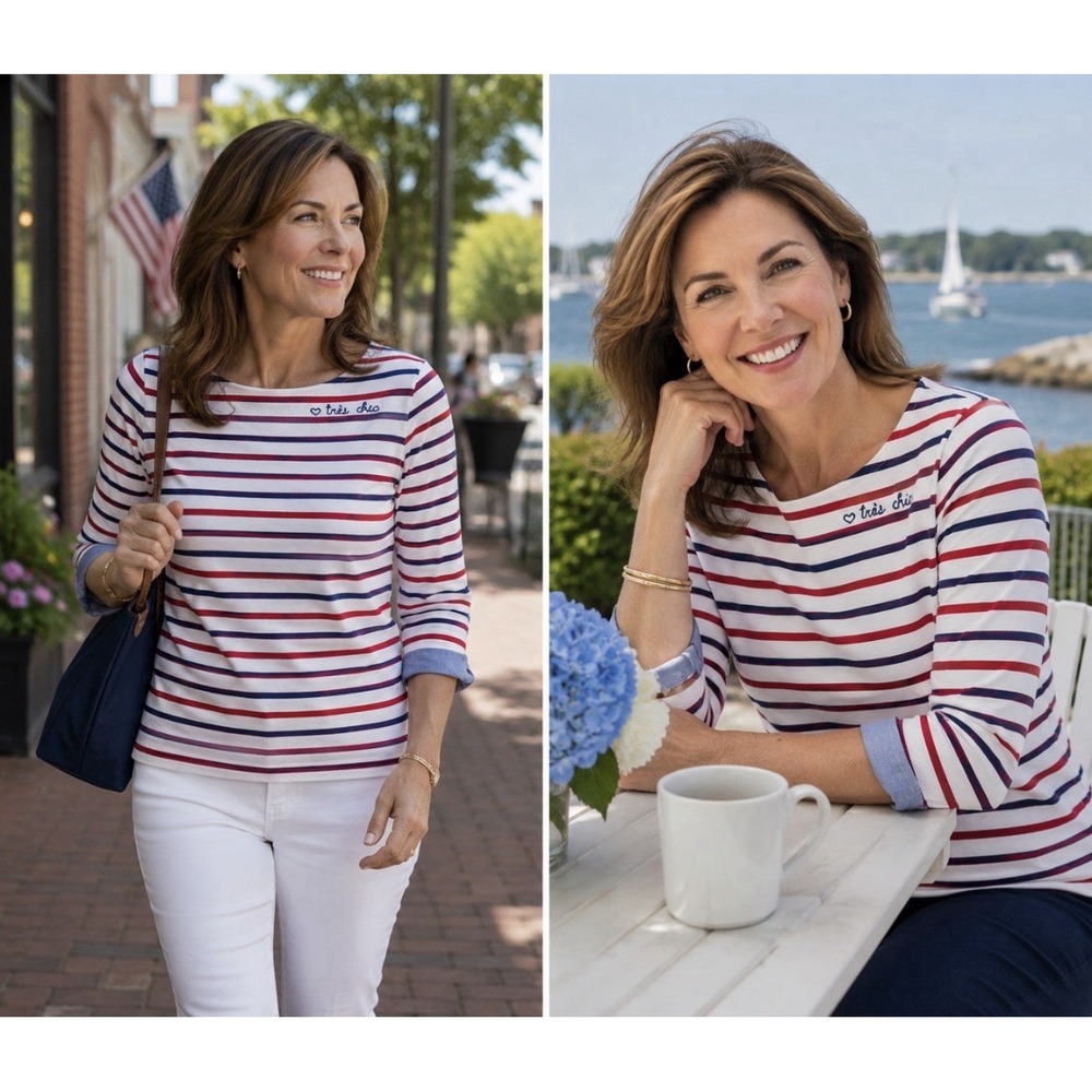 Talbots Tres Chic Striped Pullover Knit Top Womens Size P Red White & Blue